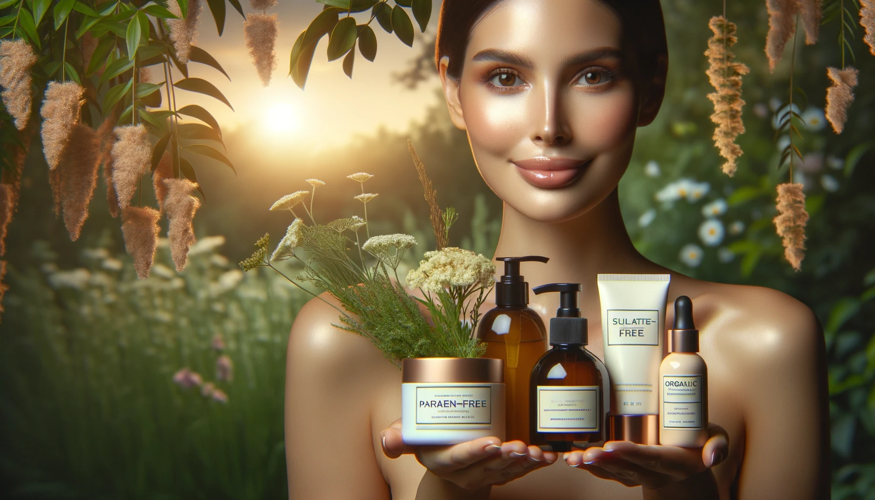 Woman showcasing natural beauty products in an eco-friendly setting; illustration of radiant skin and plant-based makeup.