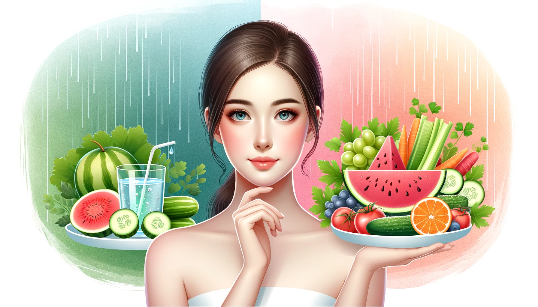 Colorful spread of fruits, vegetables, and a glass of water highlighting the essence of natural beauty skincare.