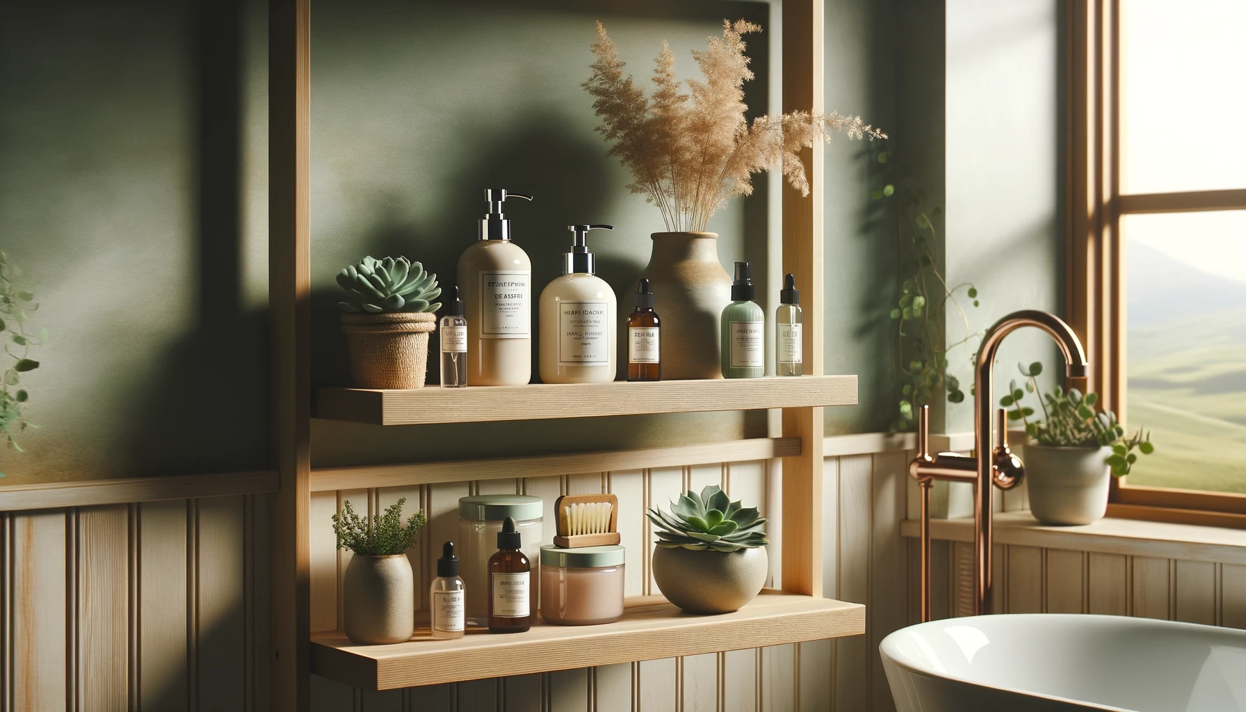 Eco-friendly vegan skincare products arranged on a wooden shelf in a modern bathroom, promoting cruelty-free beauty.