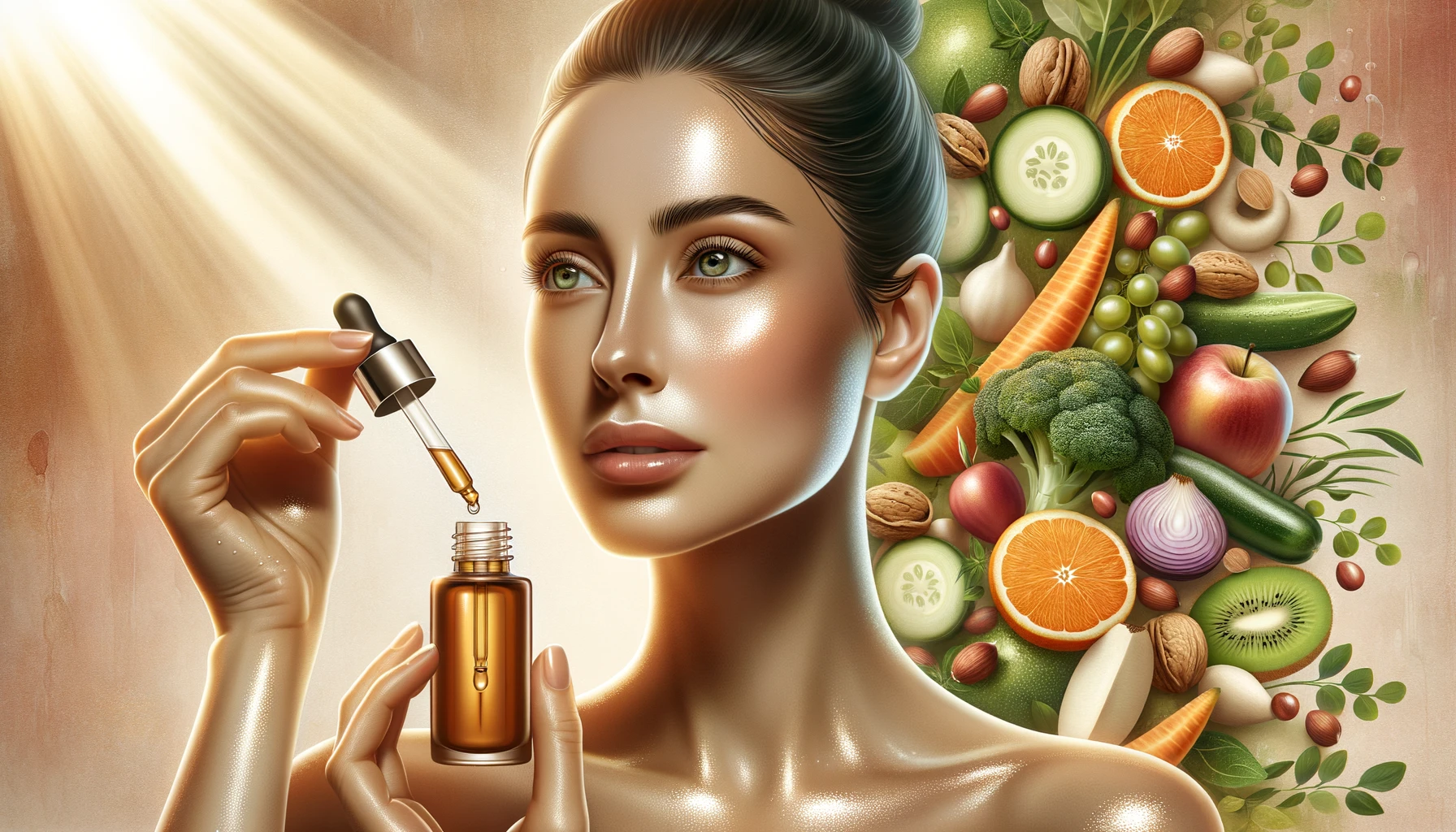 Medium-toned woman applying natural serum derived from fruits, vegetables, and nuts on her skin, with a conceptual background showing the transition of nutrients to skin glow.