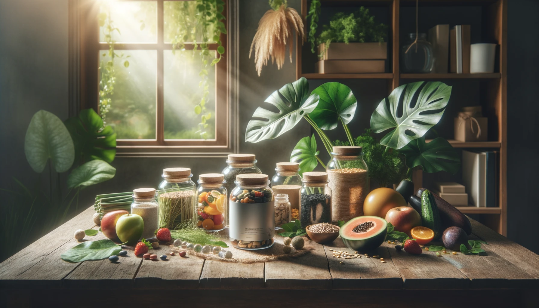 A collection of organic supplements in glass jars placed amidst their whole food sources on a wooden table, bathed in natural sunlight to depict wellness and natural health.