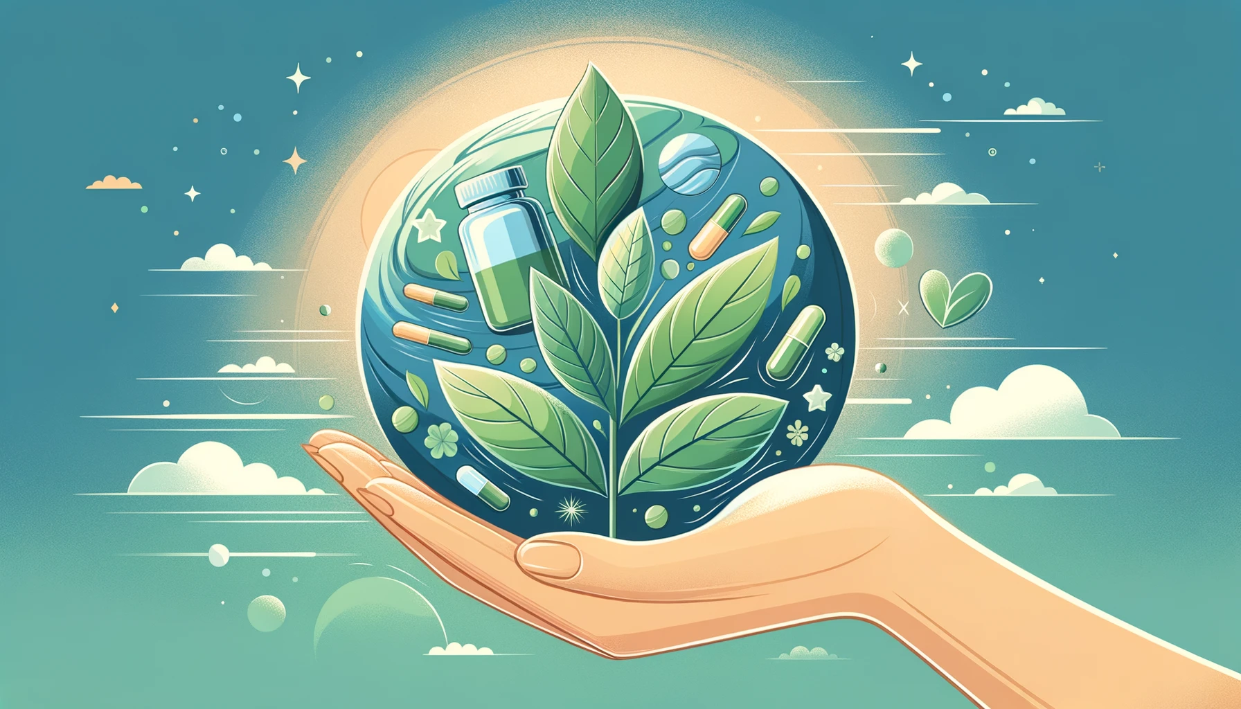 Illustrative concept of a hand holding a leaf sprouting organic supplements, with a stylized Earth in the background.